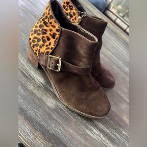 Lands end brown suede bootie with cowhide animal print detail
